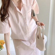 오슈 여성 베이직 깔끔한 박시핏 원포켓 반팔 셔츠 롱원피스