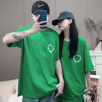 커플룩 순면 커플룩 반팔티 고급 순면 빅 하트 프린트 달라ins조