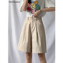 Bornladies 100% 면화 짧은 바지 여성 다목적 높은 허리 와이드 레그 캐주얼 메탈 금속 자전거 녹 색 크기