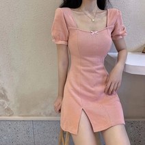 PigPug 핑크 소녀 네모난 칼라 원피스 허리 걷어 날씬해 보이는 프렌치 스커트 여름 22년 스커트