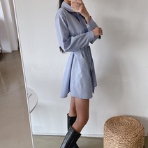 루즈리 스트라이프 허리끈 원피스 셔츠