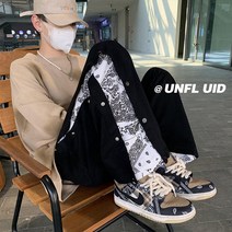 【DF】캐슈 꽃 브레스트 바지 미국 힙합 스포츠 바지 느슨한 스트레이트 와이드 다리 바지 남성 스트리트 캐주얼 바지