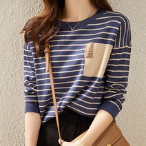 스밀리 여성 봄가을 캐주얼 라운드넥 스트라이프 티셔츠