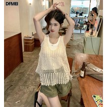 후크 플라워 펀칭 니트 베스트 여 여름 아우터 민소매 탑 블라우스