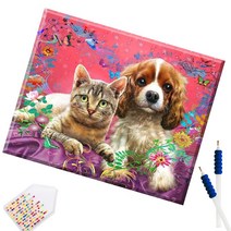 SHEXIU 3D 원형 보석십자수 캔버스액자 DIY 키트 50 x 40 cm, SX068  고양이와 개x1세트