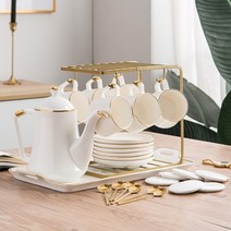 해외출고상품 찻잔 트레이 다도 쟁반 세트 다기 홈카페가벼운 소스컵 컵과 도자기 심플 아이디어 북유럽식 티포트 세트 가정용-62004, 단일옵션, 15.화이트 6컵 1주전자 1탁(덮