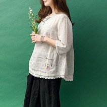내추럴가든 다발자수 리본 린넨 블라우스