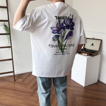 오버핏 ARCV 퍼플 플라워 옆 트임 반팔티셔츠 4color