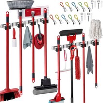 EFFEKTIVTOOLS 걸레 및 빗자루 홀더 벽걸이 u2013 자가접착식 스테인레스 걸이 정리함 클램프 4개 후크 3개 수건걸이 클립 5개 장착 나사 최대 40파운드 보관 가능, [02] 팩 2