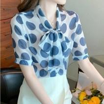 타이블라우스 블루 땡땡이 쉬폰 블라우스 봄 여름 패션 반팔 리본 칼라 셔츠 우아한