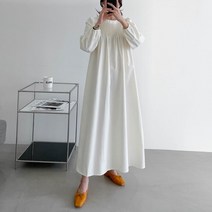 라운드넥 핀턱 퍼프소매 루즈핏 a라인 맥시 롱 원피스 (3color)