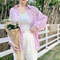 꽃무늬 데이지 패턴 여름 반 투명 긴팔 거즈 가디건 옐로우 퍼플 그린 핑크 여행 호캉스