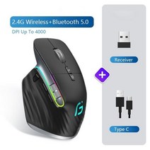 왼손마우스 (에서 선박 us) Bluetooth 2.4G 무선 마우스 RGB 게임 게이머 4000 인치 당 점 충전식 컴퓨터, 02 Dual Mode Black, 한개옵션1