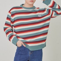 노마진컴퍼니 3컬러 남여공용 오버핏 레트로 배색 믹스 단가라 라운드 니트 스웨터