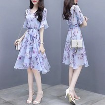 달콤한 a 라인 꽃 쉬폰 드레스 여성 우아한 프릴 파티 세련된 슬림 허리 짧은 소매 무릎 길이