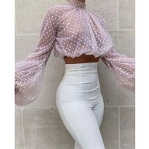 폴카 도트 여성 메쉬 쉬어 블라우스 귀여운 퍼프 슬리브 패션 우아한 셔츠 가을 봄