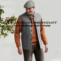 남자헤링본코트 겨울 헤링본 더블 롱 체크 울 싱글 빅 사이즈 코트 정장 조끼 스탠드 칼라 민소매 빈티지 슬림 맞춤 조끼 웨딩 양복 조끼