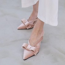 여성 슬링백 벨루어 뾰족코 리본장식 하이힐