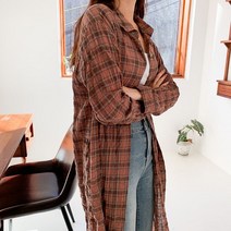 오슈 여성 겨울 세련된 체크 라인 체형커버 체크 롱 남방