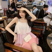 여름 새로운 패션 기질 한국 여성 서스펜더 스커트 핑크 쉬폰 드레스 민소매 그라디언트 스커트