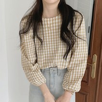 0114 페미닌 여성 라운드넥 어깨 퍼프 벌룬 소매 체크 블라우스 셔츠