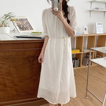 맨드리 린넨 허리끈 반팔 라운드 롱 원피스