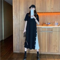 [L-3XL] 빅사이즈 롱티셔츠 스티칭 단추 주름 스커트 여름 롱원피스