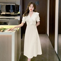 Ogfaour 여성 여름 복고 브이넥 터틀넥 프릴 롱 원피스 YZ0042