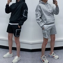 남자 여자 공용 포켓 페인팅 4부 반바지 후드 맨투맨 트레이닝 세트 검정 회색