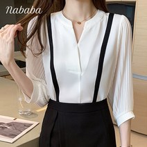 나바바 NB1301 여성 라인 배색 포인트 트임넥 7부 블라우스