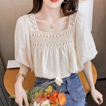 여성 레트로 퍼프소매 스퀘어넥 블라우스