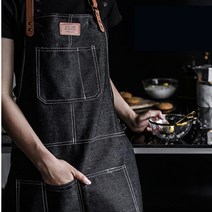 빌스 남녀공용 가죽스트랩 데님 앞치마, 블랙데님
