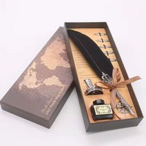 만년필 학생 입학선물 필기구 고급 사무용품 pen set retro gold feather pen 잉크 병 서예 쓰기 dip pen birthday gift box 5 pen, G