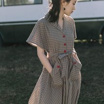 다크그린 경성의복 체크 원피스 소녀풍 반팔 롱 스커트