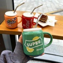 코카콜라 빈티지 세라믹컵 코카콜라굿즈 캔모양, 블루세라믹컵유리빨대