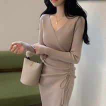블링앤수 여성 브이넥 셔링 골지 미디 원피스 KZZ780