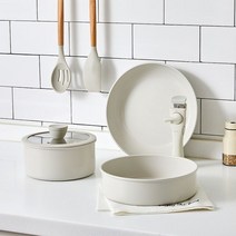 모던하우스야탑점수납이 잘되는 세라믹코팅 쿡웨어 5P세트 - CREAM_CK0122007, 18냄비+22전골+26팬 실리콘유리뚜껑+멀티핸들