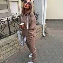 마라톤복 여자 2 조각 세트 가을 겨울 실행 트랙수트 두건이있는 운동복 착용 복장 조깅 스포츠 한 벌, CHINA_L, Khaki