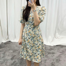 VANANA2 플라워 패턴 브이넥 랩스타일 미디 원피스
