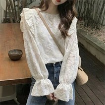 셀러허브 여성패션 [VY] 여자 페미닌 프릴 비침 크림색 로맨틱 블라우스