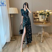 셀럽당 허리 여밈 슬림 V넥 잔꽃 랩스커트 블랙 느낌 롱스커트 원피스