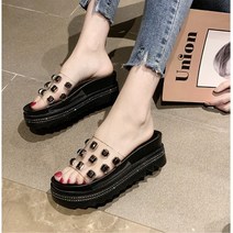 banhany 금색 사각 큐빅 보석 클리어 통굽 키높이 사무실 슬리퍼 2color