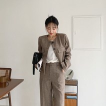기타 여성 가을 겨울 울 헤링본 라운드넥 셋업 숏 자켓