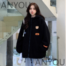 ANYOU 여성 배색 후드 양털후리스 집업 뽀글이 점퍼 양모 톰보이코트 여성코트