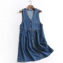 데님원피스 I930단색 단배열단추 외부착용 V칼라소매없는 선드레스 데님스커트 여름 뉴타입 어려보이는 코디가잘되는 원피스