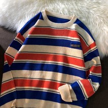 스웨터 남 라운드 봄가을 얇은 스트라이프 긴팔 커플 맨투맨 루즈핏 상의