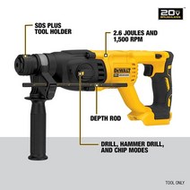 Dewalt 브러시리스 로터리 해머 다기능 산업용 충전식 임팩트 드릴 전동 공구 DCH133 20V MAX XR 가변 속, 한개옵션0