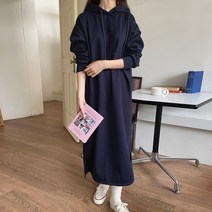헤링본 기모 롱후드 원피스 가을 겨울 긴팔 데일리 캐주얼 루즈핏 빅사이즈 HE093