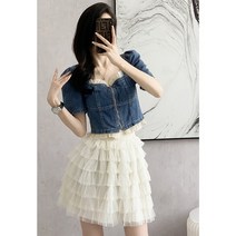 [유미르] 퍼프소매 레이스 스퀘어넥 여름 데님 셔츠