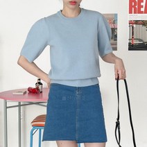 여자 반팔니트 퍼프소매 시보리 연분홍 티셔츠